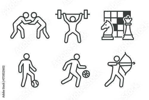 Armenian Sports Icons. Outline icon set of Armenian sports: wrestling, weightlifting, chess, football, basketball, judo, archery, running. Line icons in only