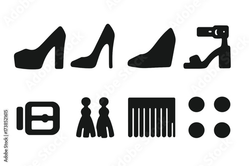 Shoe Fashion Icon Set. Solid, filled icon set of shoe fashion elements: platform heel, stiletto heel, wedge heel, ankle strap, buckle, tassels, fringe,