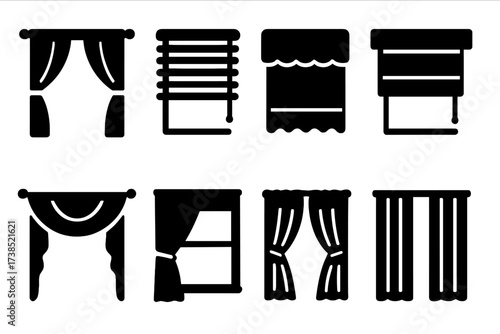 Window Treatment Icons. Solid, filled icon set of window treatments: drapes, blinds, valance, roman shade, roller shade, swag curtain, layered curtain, panel