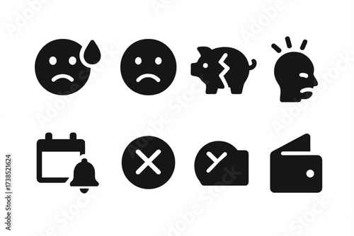 Financial Stress Icons. Solid, filled icon set of financial stress due to overdraft: worried face, sad face, broken piggy bank, sweat drop, headache, late