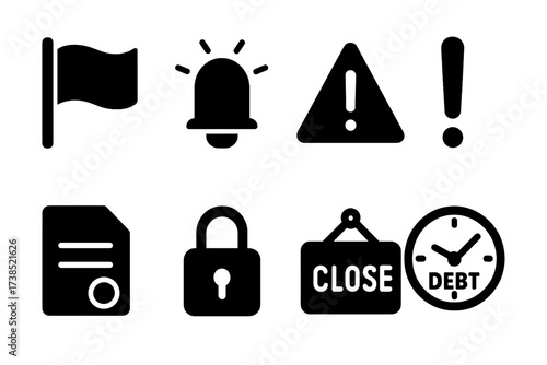 Foreclosure Warning Icons. Solid, filled icon set of foreclosure warnings: red flag, alarm, warning triangle, exclamation mark, overdue bill, lock, closed