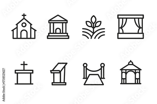 Agriculture and Venue Icons. Outline icon set of agricultural land: tractor, barn, plow, crop, field, irrigation, silo, windmill. Line icons in only black