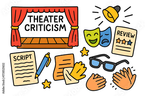 Theater Criticism Doodles. Theater criticism. Colorful Hand-drawn doodle Children illustration theater criticism stage, spotlight, mask of comedy, mask of