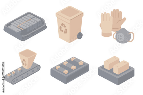 Battery Recycling Icons. Isometric vector illustration set Battery recycling: disassembled EV battery, recycling bin, worker