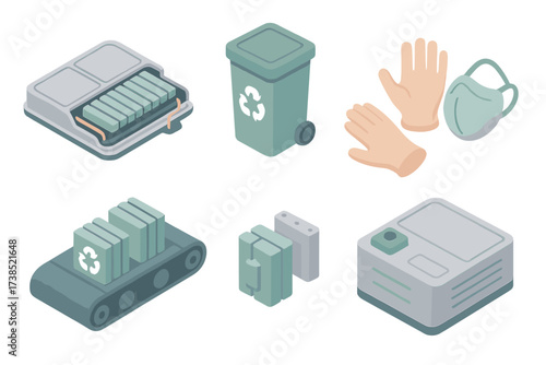 Battery Recycling Icons. Isometric vector illustration set Battery recycling: disassembled EV battery, recycling bin, worker