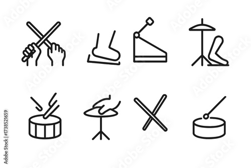 Electronic Drum Techniques Icons. Outline icon set of electronic drum playing techniques: stick grip, foot pedal press, rimshot strike, hi-hat foot, drum roll,