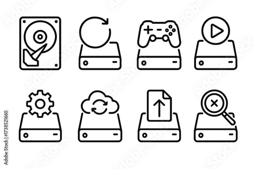 Hard Drive Icon Set. Outline icon set of hard drive usage: data storage, backup drive, gaming drive, multimedia storage, system drive, cloud sync, file