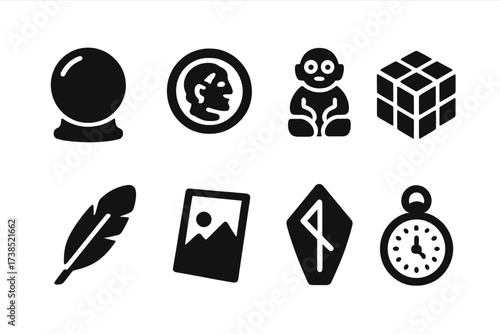 Mysterious Object Icons. Solid, filled icon set of mysterious objects: crystal orb, ancient coin, strange idol, puzzle cube, black feather, faded photo, metal