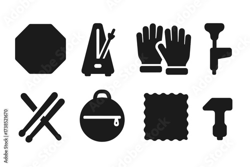 Drum Accessories Icons. Solid, filled icon set of drumroll accessories: practice pad, metronome, drum gloves, drum key, tuning wrench, replacement sticks, drum
