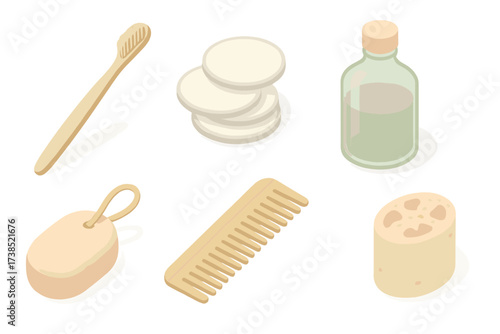 Zero Waste Bathroom Essentials. Isometric vector illustration set Zero waste bathroom essentials: bamboo toothbrush biodegradable