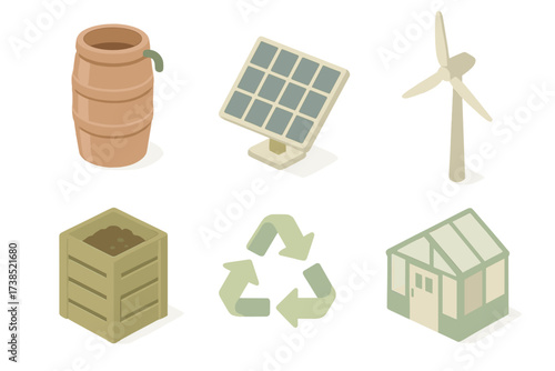 Sustainable Living Icons. Isometric vector illustration set Sustainable living: rain barrel, solar panel, wind turbine, compost