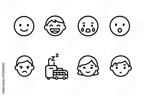 Children and Tourists Icons. Outline icon set of children?s emotions: smiling face, laughing child, crying child, surprised face, angry face, sleepy face, shy