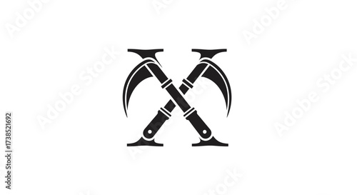 Stylized crossed scythes emblem in bold black on white background logo design