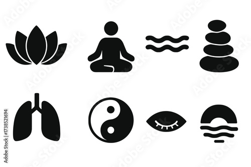 Inner Peace Icons. Solid, filled icon set of inner peace: lotus flower, meditation pose, calm water, zen stone stack, breathing lungs, peaceful eye, yin yang,