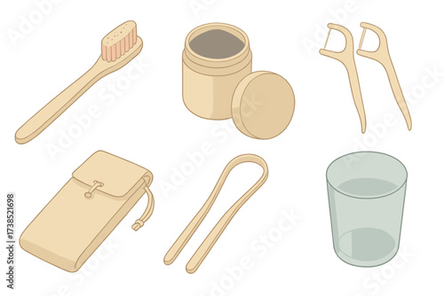 Biodegradable Dental Kit. Isometric vector illustration set Biodegradable dental kit: bamboo toothbrush biodegradable handle,
