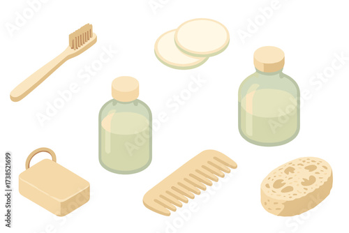 Zero Waste Bathroom Essentials. Isometric vector illustration set Zero waste bathroom essentials: bamboo toothbrush biodegradable