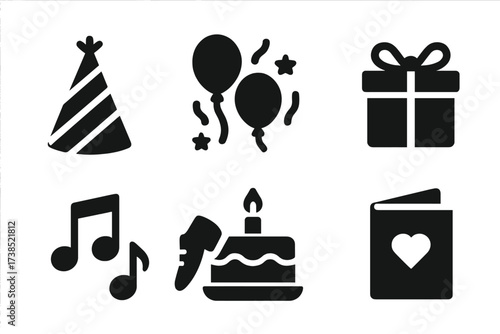 Champagne Party Icons. Solid, filled icon set of champagne party elements: party hat, balloons, streamers, gift box, music notes, dancing shoes,