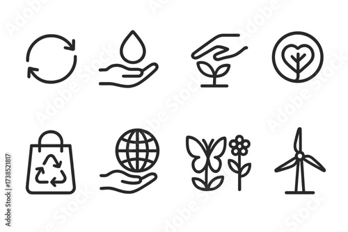Environmental Icon Set. Outline icon set of environmental values: sustainability, conservation, respect for nature, responsibility, eco-friendliness,