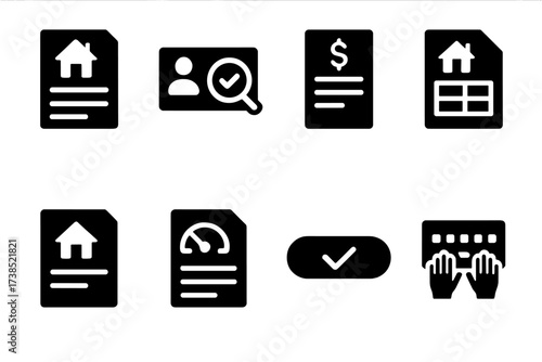 Mortgage Application Icons. Solid, filled icon set of mortgage application: loan form, ID check, pay stub icon, W- form, address proof, credit report icon,