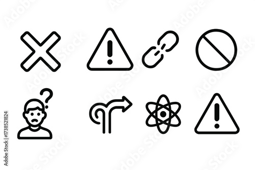 Error Icon Set. Solid, filled icon set of error: red cross, alert triangle, broken chain, denied stamp, confused person, wrong turn, malfunction symbol,