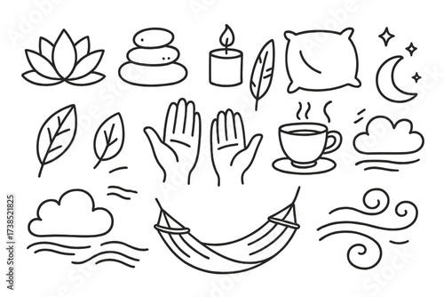 Zen Line Doodle. Hand-drawn doodle illustration Zen-inspired calmness lotus flower, smooth stones, flowing water, candle, feather, soft pillow, moon, stars,