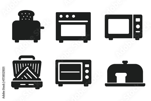 Kitchen Appliance Icons. Solid, filled icon set of toast kitchen appliances: toaster, oven, grill, microwave, sandwich press, toaster oven, stovetop, bread