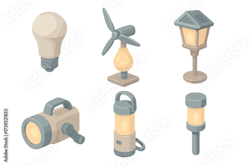 Renewable Energy Lights. Isometric vector illustration set Renewable energy lights: LED bulb efficient light, wind turbine with