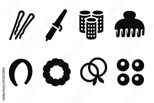 Hair Accessory Icons. Solid, filled icon set of ringlet hair accessories: hair pins, curling wand, hair rollers, hair clips, headbands, scrunchies, hair ties,
