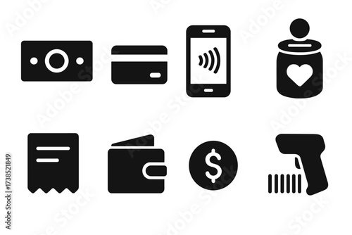 Bar Payment Icons. Solid, filled icon set of bar payment methods: cash, credit card, mobile payment, tip jar, receipt, wallet, coin, barcode scanner. Solid,