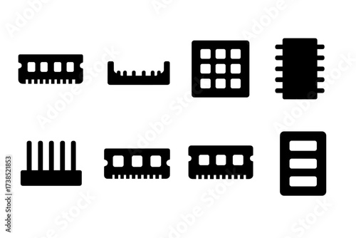 Memory Component Icons. Solid, filled icon set of computer memory components: RAM stick, DIMM slot, CPU cache, memory chip, heatsink, memory module, VRAM icon,