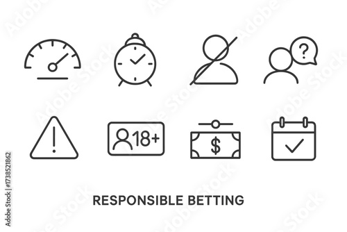 Responsible Betting Icons. Outline icon set of responsible betting: limit setting, time reminder, self exclusion, support chat, warning sign, age verification,