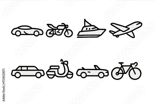 Glossy Vehicle Icons. Outline icon set of glossy automotive vehicles: sports car, motorcycle, yacht, airplane, limousine, scooter, convertible, racing bike.