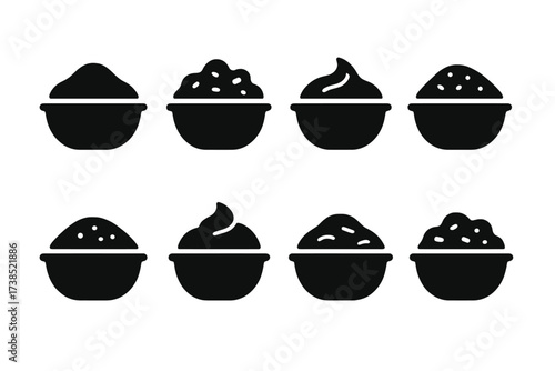 Bean Dip Texture Icons. Solid, filled icon set of bean dip texture types: smooth, chunky, creamy, thick, blended, whipped, pureed, rustic. [Line icons in only
