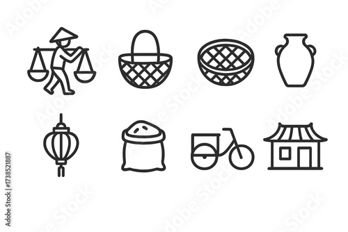 Vietnam Daily Life Icons. Outline icon set of Vietnamese daily life: street vendor, market basket, bamboo basket, water jar, lantern, rice sack, bicycle cart,