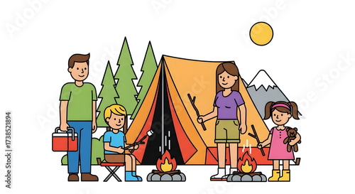 Family enjoying a camping trip around a campfire with a tent in the background, illustrating outdoor leisure and togetherness