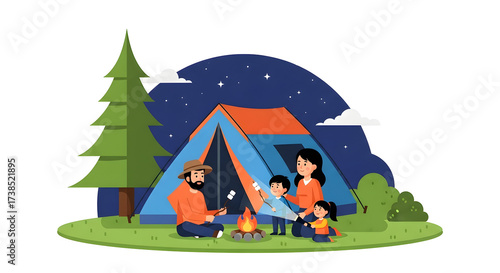 Happy family enjoying a camping trip, roasting marshmallows around a campfire under a starry night sky