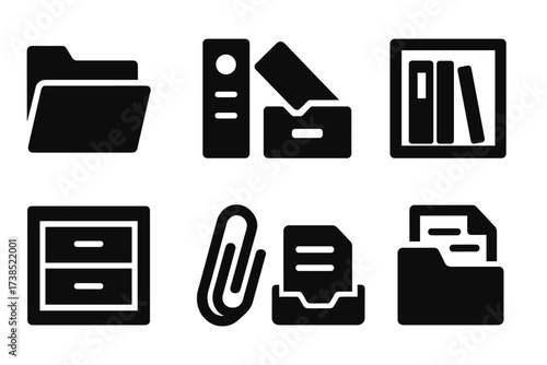Paper Storage Icons. Solid, filled icon set of paper storage: paper folder, paper binder, paper box, paper shelf, paper cabinet, paper clip, paper tray, paper