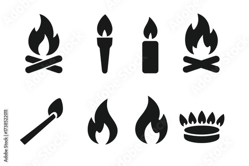 Fire Flame Icons. Solid, filled icon set of fire flames: campfire flame, torch flame, candle flame, bonfire, match flame, stove flame, wild flame, gas burner.