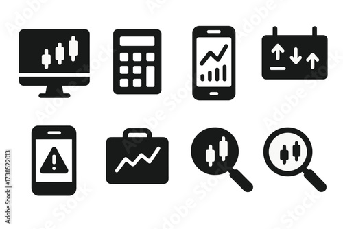 Stock Trading Icons. Solid, filled icon set of stock trading tools: computer monitor, calculator, smartphone, trading app, stock ticker, news alert, portfolio,
