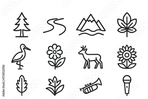 Outline Icon Collections. Outline icon set of Colombian daily life: street vendor, market stall, coffee plantation, city skyline, traditional house, soccer