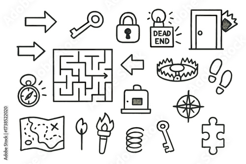 Maze Doodle Icons. Hand-drawn doodle illustration trap maze maze, arrows, dead end, key, lock, door, trapdoor, alarm, timer, footprints, torch, map, compass,