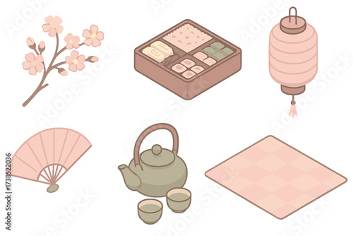 Hanami Picnic Icons. Isometric vector illustration set Hanami spring gathering: cherry blossom branch, picnic mat, bento box, tea