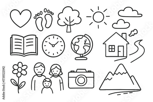 Life Journey Symbols. Hand-drawn doodle illustration way of life heart, footsteps, tree, sun, clouds, book, clock, globe, house, path, flower, family, camera,