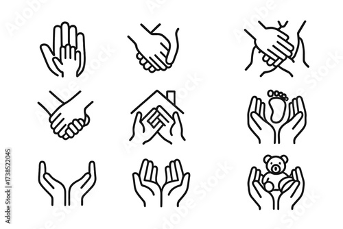 Family Hands Icons. Outline icon set of children and family hands: child hand hold, parent and child holding hands, family group hands, siblings hand hold,