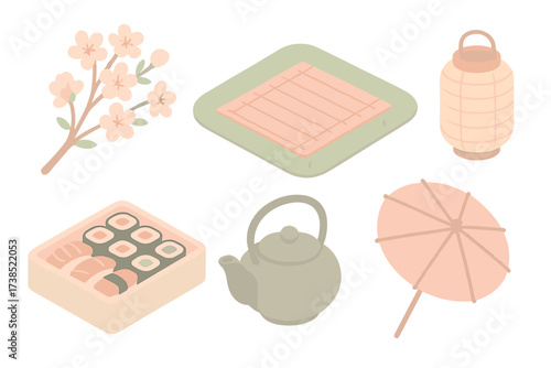 Cherry Blossom Picnic. Isometric vector illustration set Festive blossom picnic: cherry blossom branch, mat on grass, sushi box,