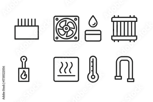 Railgun Cooling Icons. Outline icon set of railgun cooling and thermal management: heat sink, cooling fan, liquid coolant, radiator, thermal sensor, exhaust