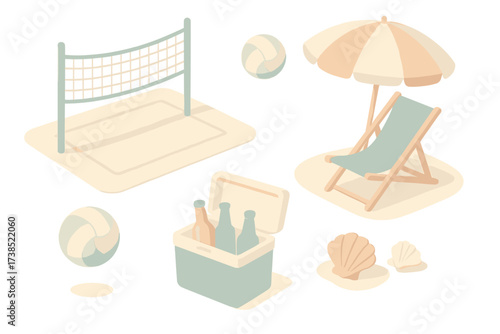 Beach Volleyball Fun. Isometric vector illustration set Summer recreation scene: volleyball net on sand, ball flying, cooler with