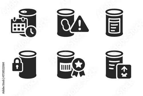 Can Safety Icons. Solid, filled icon set of can safety and quality: expiration date, allergy warning, nutritional info, tamper seal, barcode, quality stamp,