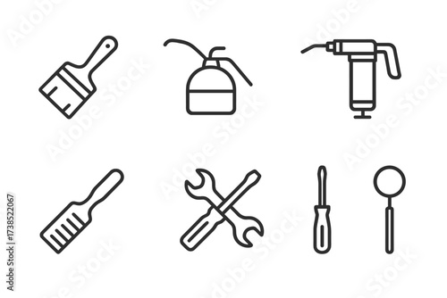Pontoon Tools Icons. Outline icon set of pontoon maintenance tools: paintbrush, oil can, sanding block, grease gun, cleaning brush, wrench set, screwdriver,