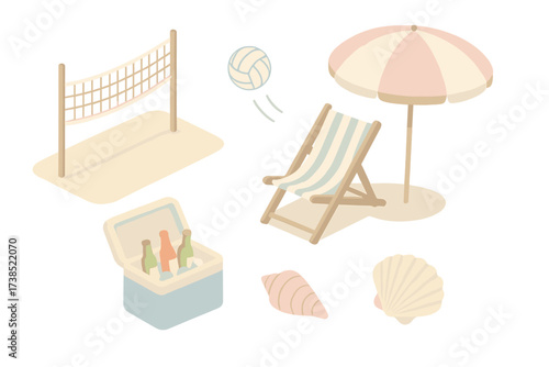Beach Volleyball Fun. Isometric vector illustration set Summer recreation scene: volleyball net on sand, ball flying, cooler with